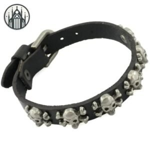 Bracelet Gothique Tête Mort Cuir Alliage — Univers Gothique