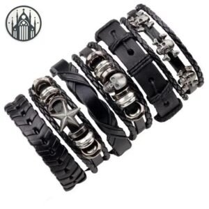 Bracelet Gothique Cuir Tête Mort Six — Univers Gothique