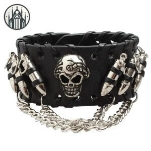 Bracelet Gothique Cuir Tête Mort Acier — Univers Gothique