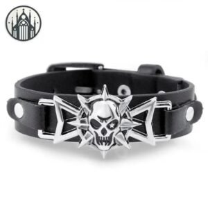 Bracelet Gothique Crâne Argenté Cuir — Univers Gothique