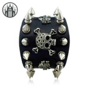 Bracelet Gothique Skull Cuir Acier — Univers Gothique
