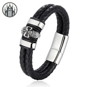 Bracelet Gothique Skull En Cuir Et Métal Embelli - Black n White / 19cm