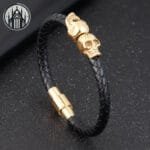 Bracelet Gothique Skull En Cuir Et Métal Embelli - Golden / 19cm
