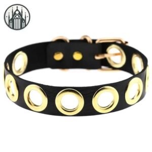 Collier Gothique Cuir Anneau Doré — Univers Gothique