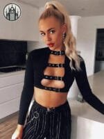Crop Top Gothique Punk En Velours Noir Avec Manches évasées
