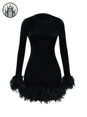 Robe Gothique Velours Plumes Mini — Univers Gothique