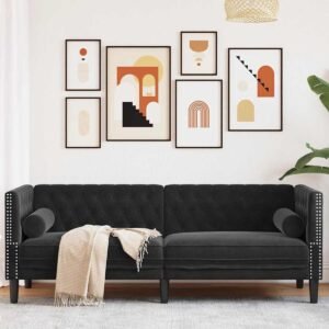 Canapé Chesterfield velours noir 3 places – Capitonné, clous décoratifs, traversins