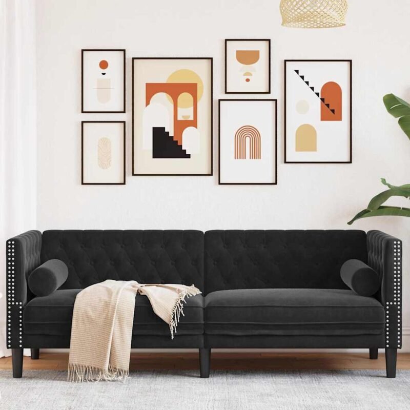 Canapé Chesterfield velours noir 3 places – Capitonné, clous décoratifs, traversins