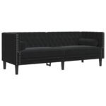 Canapé Chesterfield velours noir 3 places – Capitonné, clous décoratifs, traversins