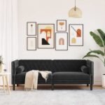 Canapé Chesterfield velours noir 3 places – Capitonné, clous décoratifs, traversins