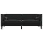 Canapé Chesterfield velours noir 3 places – Capitonné, clous décoratifs, traversins